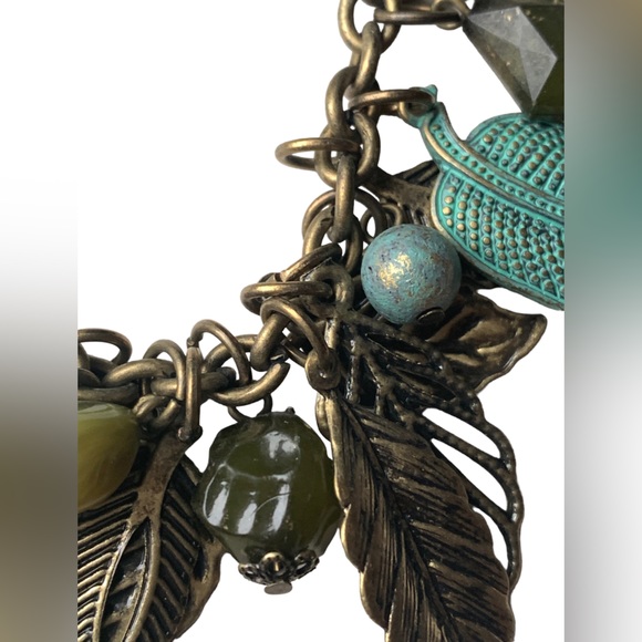 Green Agate & Metal Leaf Leaves Charm Toggle Bracelet Woman’s Fall Jewelry - Picture 6 of 10